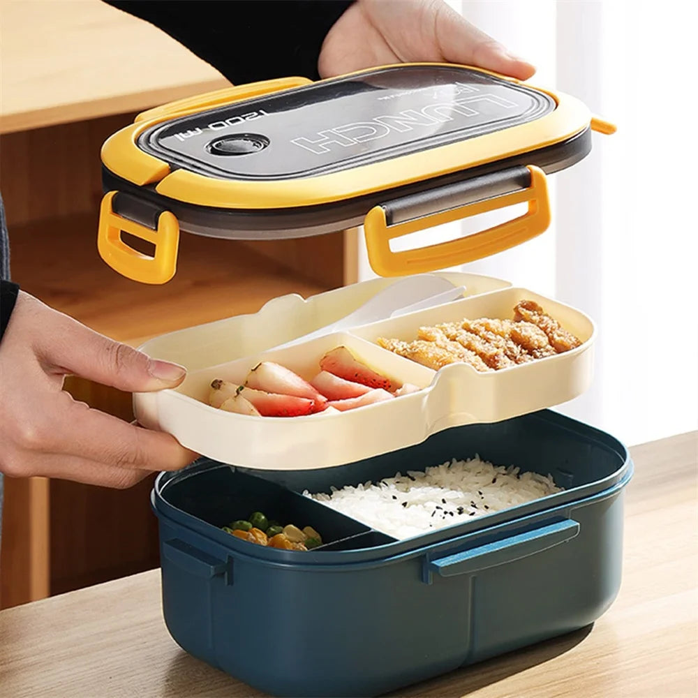 1pack 1200ML 2 Layer Bento Lunch Box With Spoon Fork, Kid High Capacity Food Containers Portable Leakproof Office Camping