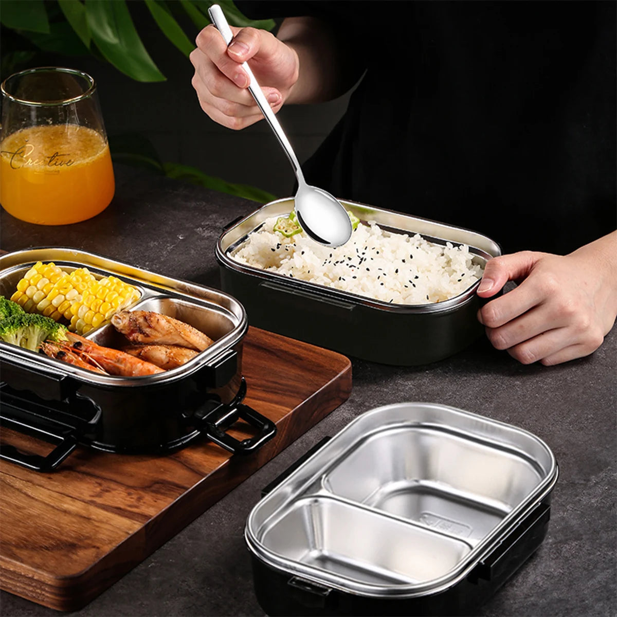 Food-Grade Black Double-Layer Insulated Lunch Box food Container Leakproof Thermal Bento box for Student Office School Camping