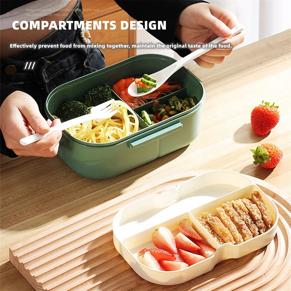 1pack 1200ML 2 Layer Bento Lunch Box With Spoon Fork, Kid High Capacity Food Containers Portable Leakproof Office Camping