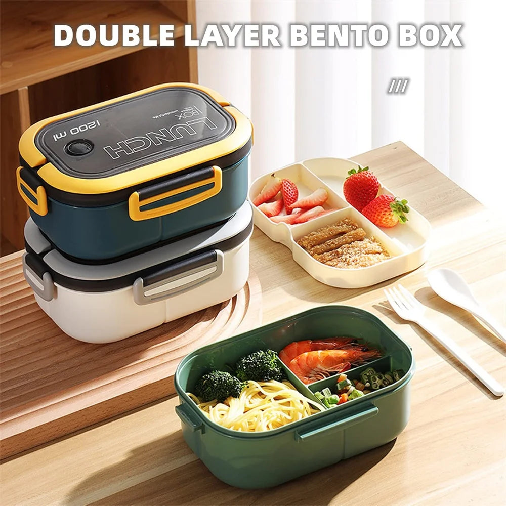 1pack 1200ML 2 Layer Bento Lunch Box With Spoon Fork, Kid High Capacity Food Containers Portable Leakproof Office Camping