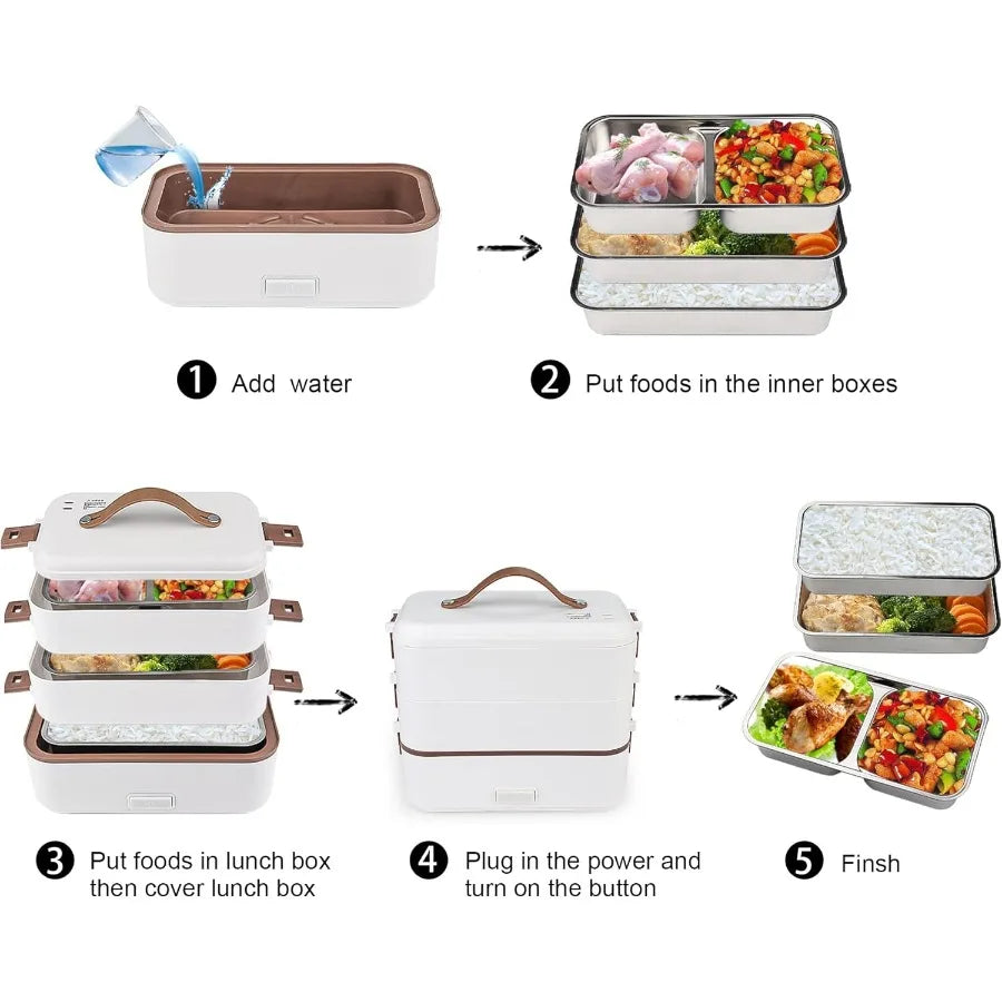 Self Cooking Electric Lunch Box Portable Food Warmer for On-the-Go 3 Layers 800ML Slow Cooker Heated Lunch Box for Home Office