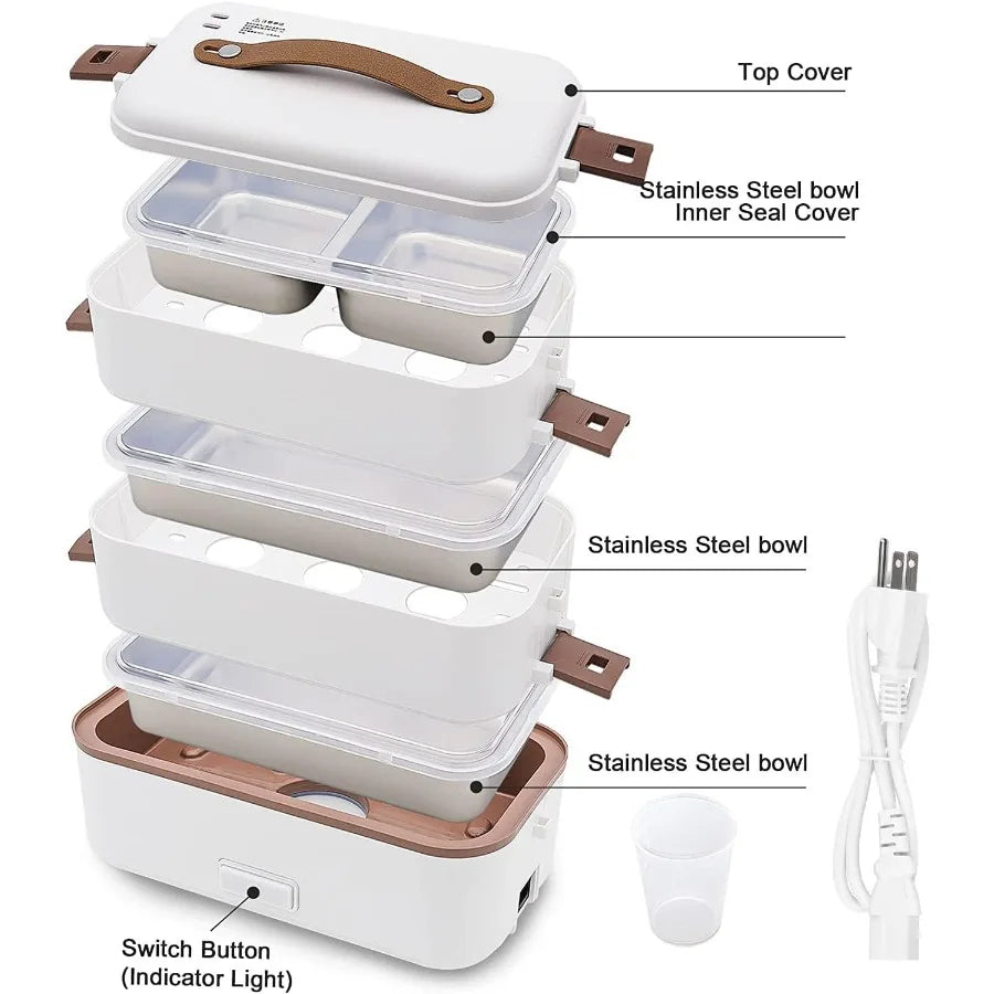 Self Cooking Electric Lunch Box Portable Food Warmer for On-the-Go 3 Layers 800ML Slow Cooker Heated Lunch Box for Home Office
