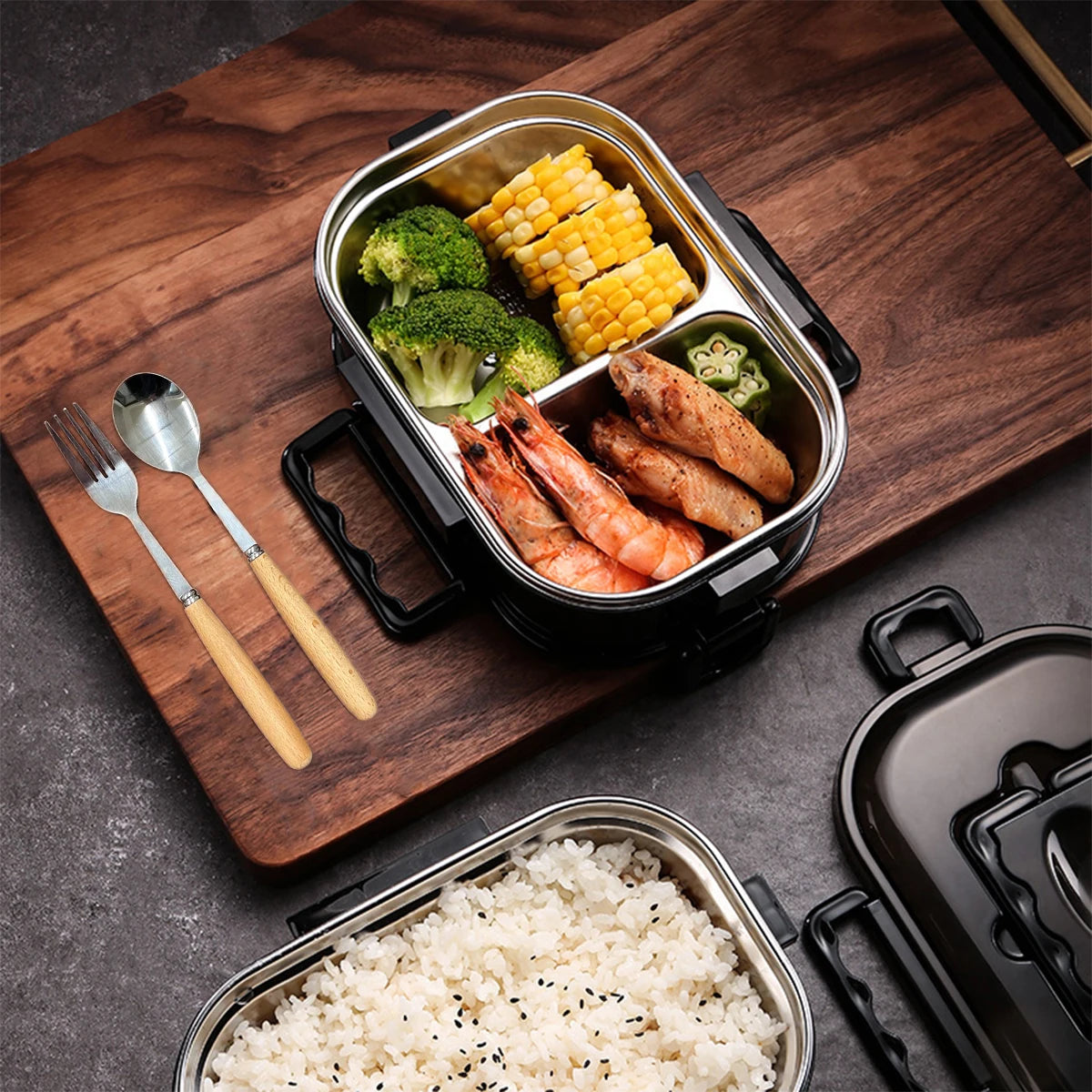Food-Grade Black Double-Layer Insulated Lunch Box food Container Leakproof Thermal Bento box for Student Office School Camping